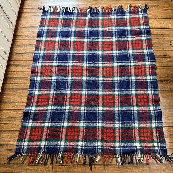 Vintage Wool Blend Navy Red Plaid Throw Blanket Fringed 50”x66” w/Fringe *READ* - Picture 2 of 12